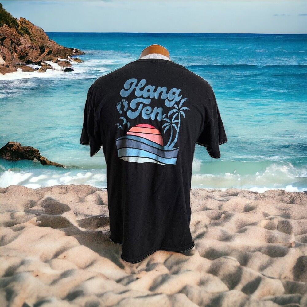Hang Ten Mens Tee Sz Large Black Sunset Wave Palm Tree‎ Short Sleeves